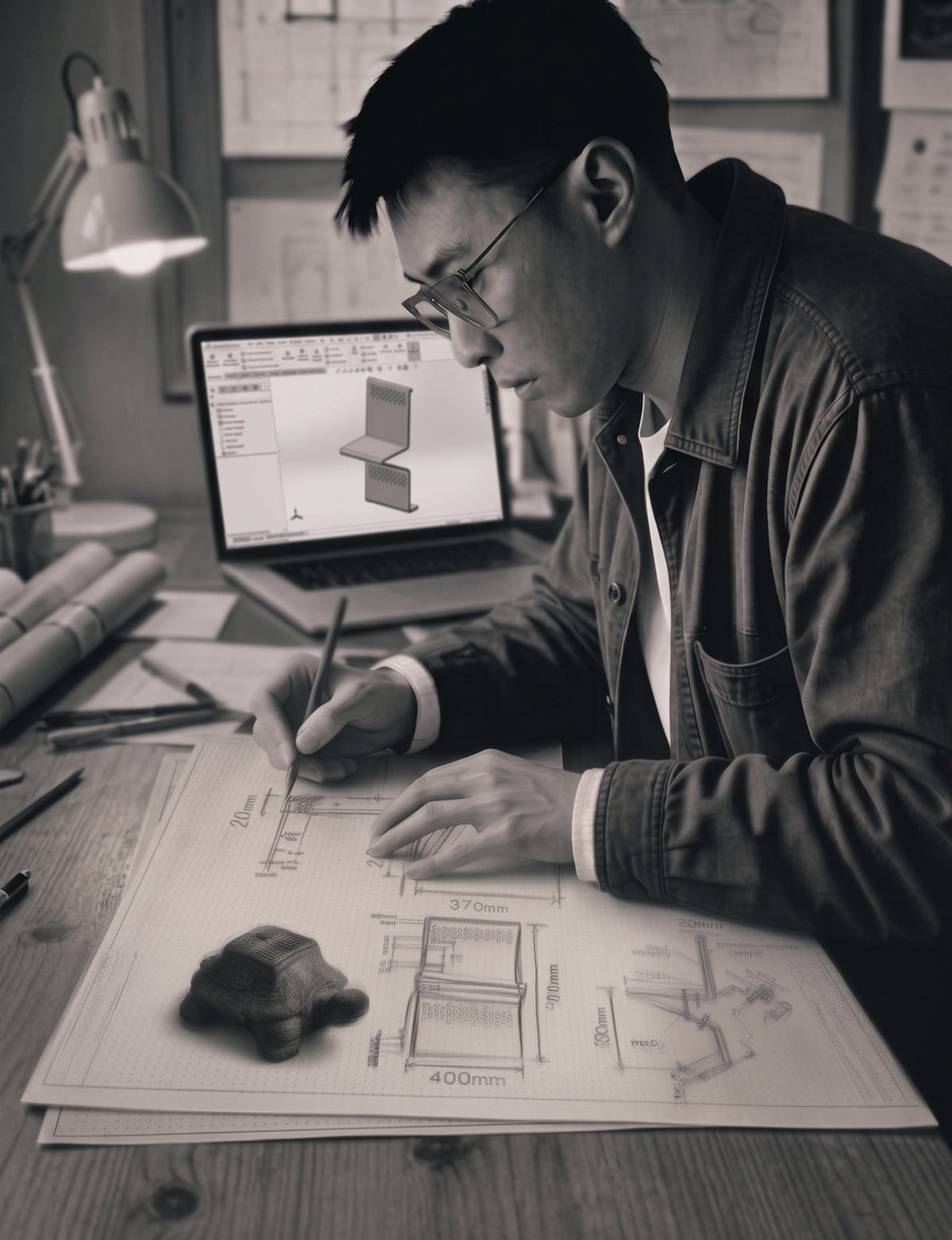 Archival-style portraits of the audio makers at work