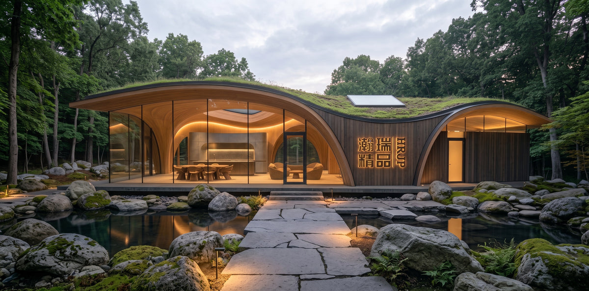 A modern glass listening pavilion glowing in a wooded landscape at dusk